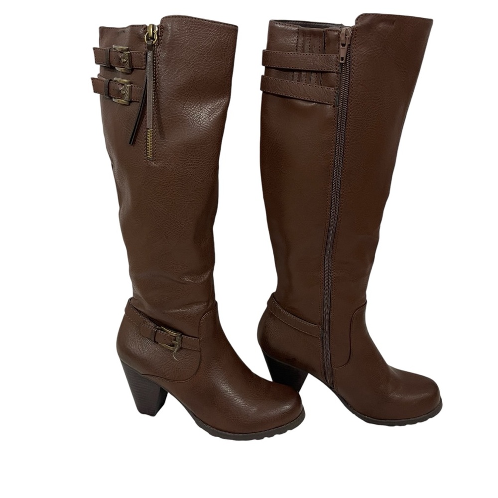 Crown Vintage Brown Leather Tall Heeled Boots Workwear Business Casual Fall - Picture 3 of 13